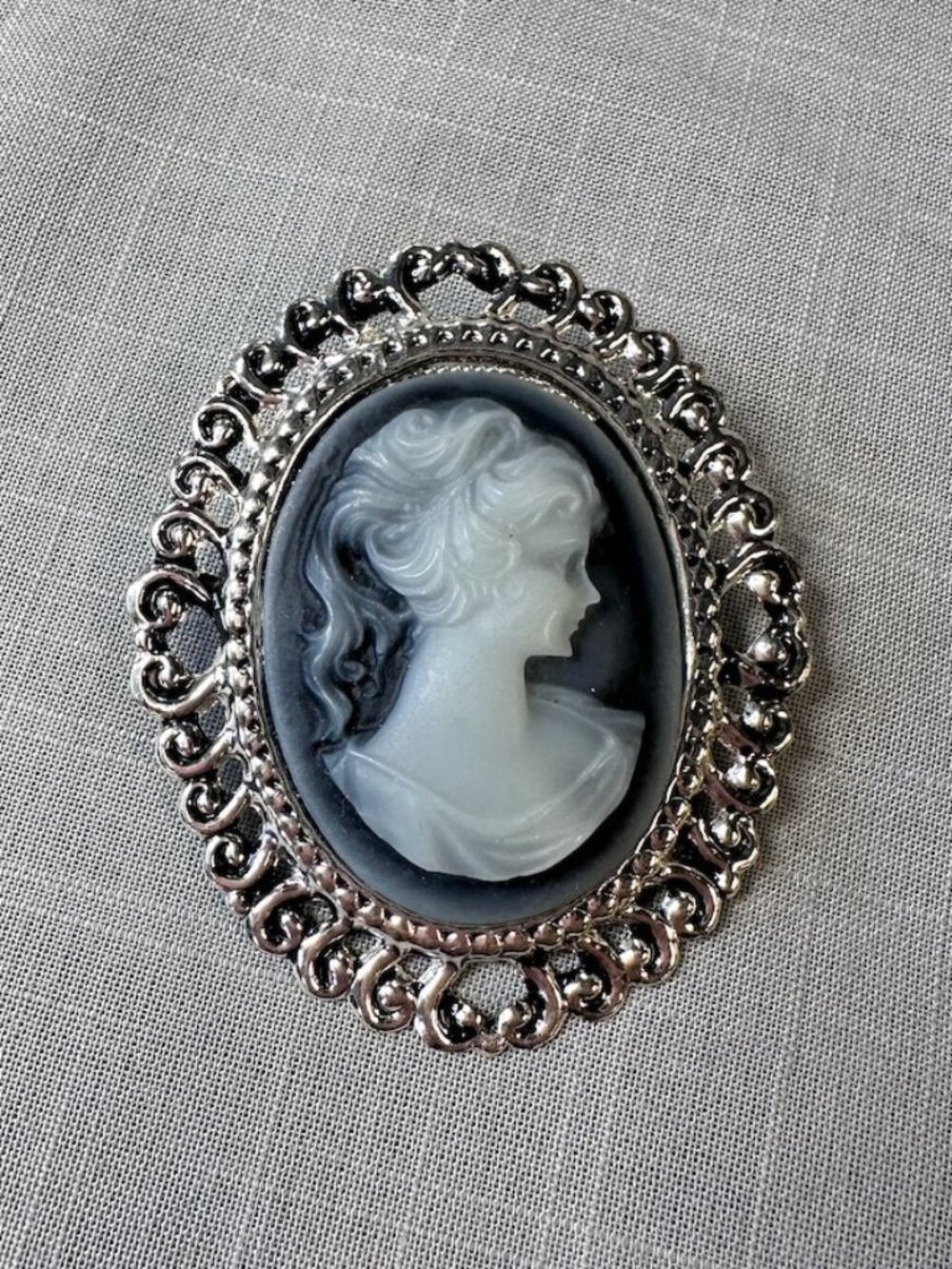 Oversize Faux Silver Tone Blue Cameo Brooch